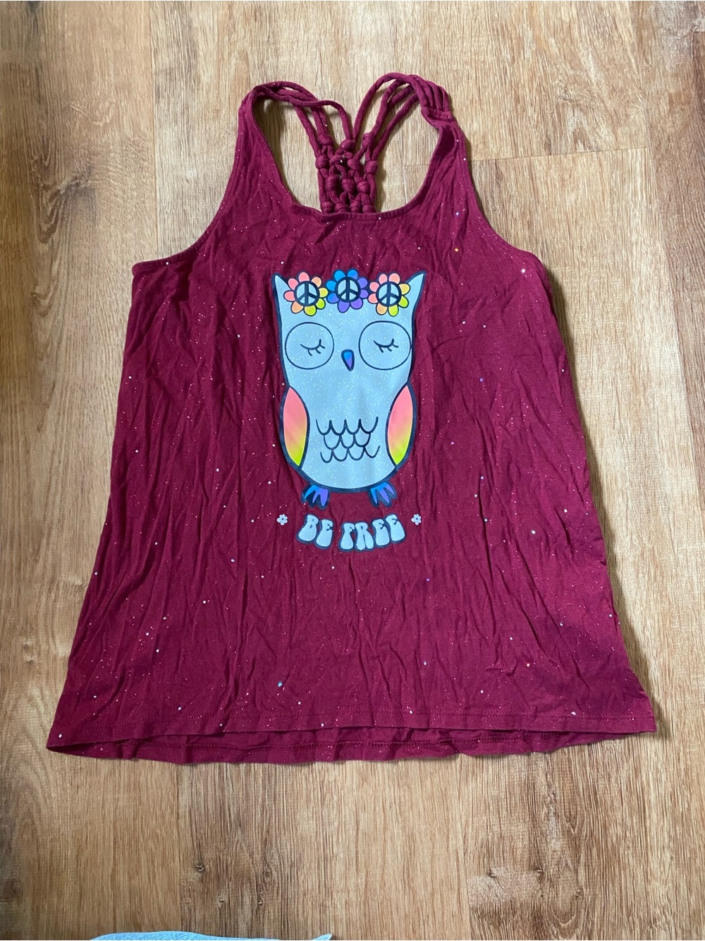 Justice Girls Maroon Tank Top with Colorful Owl Graphic